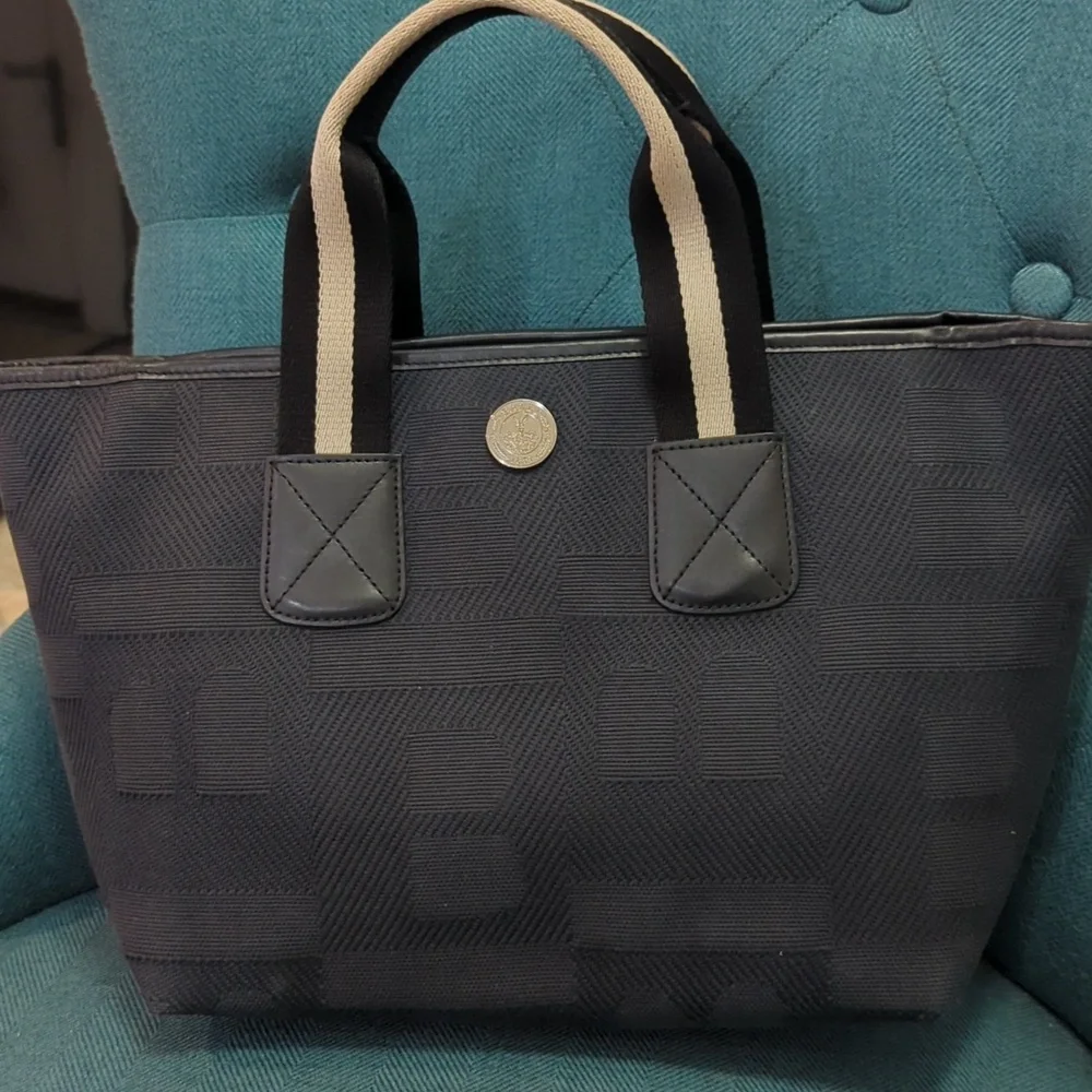 Black Bally canvas tote with black and white canvas handles